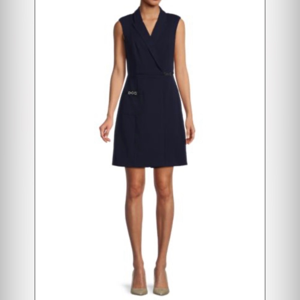 Dkny Black Sheath Dress with V-Neck Notched Collar
